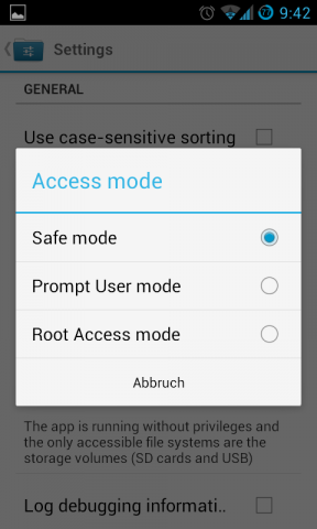 Der Nutzer kann zwischen drei Modi des Root-Zugangs wählen. (Screenshot: Golem.de)